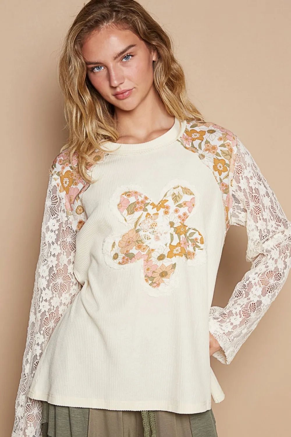 POL Flower Patch Lace Sleeve Knit Top - PBNJ FASHIONS