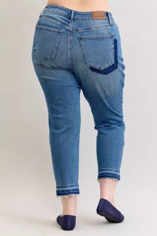 Judy Blue Full Size Mid Rise Bf Patch & Repair Destroy Release Hem Jeans Plus Size - PBNJ FASHIONS