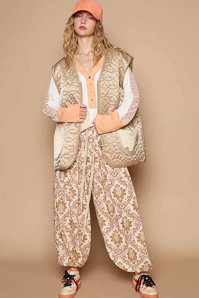 POL Front Zipper Floral Pattern Quilted Vest Coat with Front Pockets - PBNJ FASHIONS