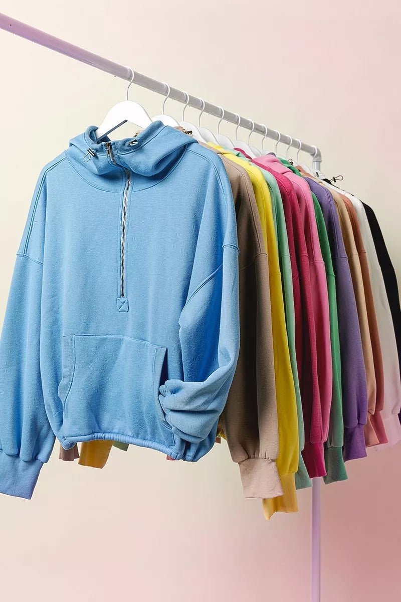BiBi Stitch Detailed Elastic Hem Half Zip Fleece Hoodie - PBNJ FASHIONS