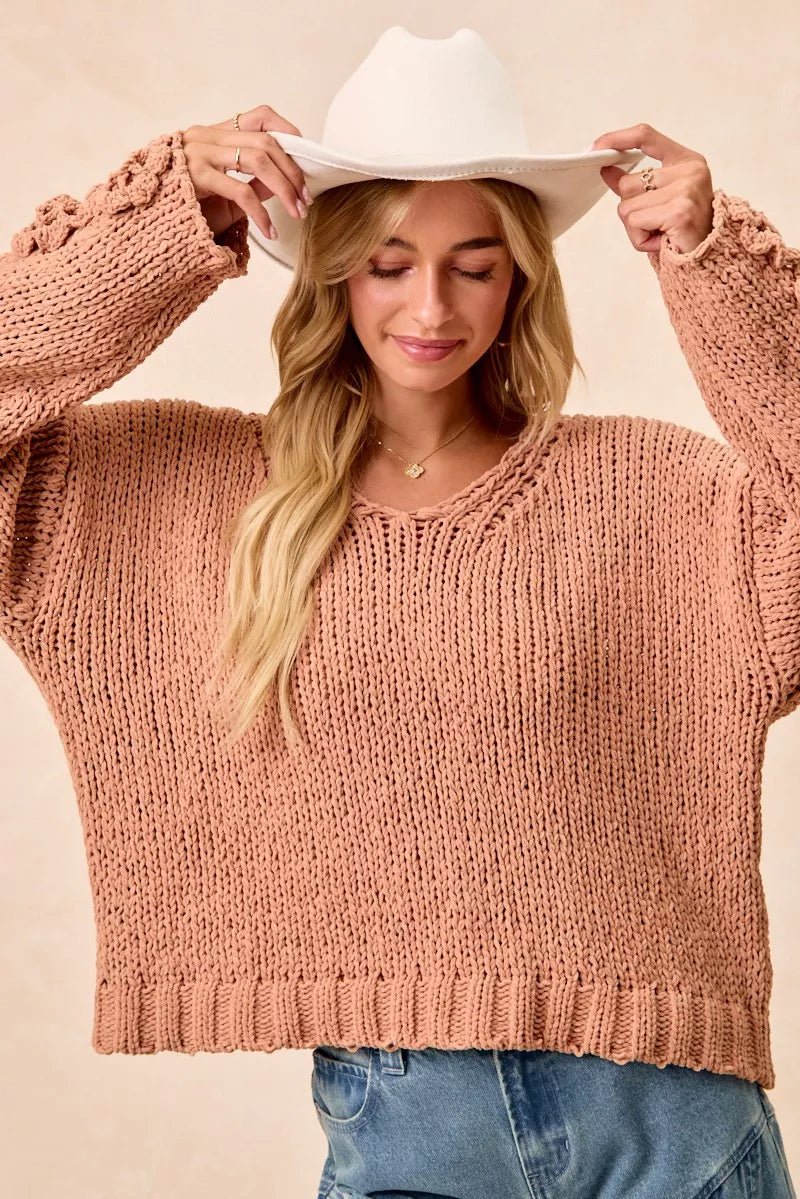 BiBi Chunky Knit Sweater with Flower Detail Sleeves - PBNJ FASHIONS