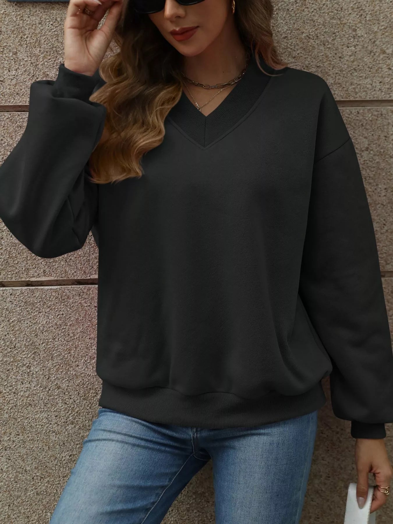 V - Neck Solid Color Casual Sweatshirt - PBNJ FASHIONS