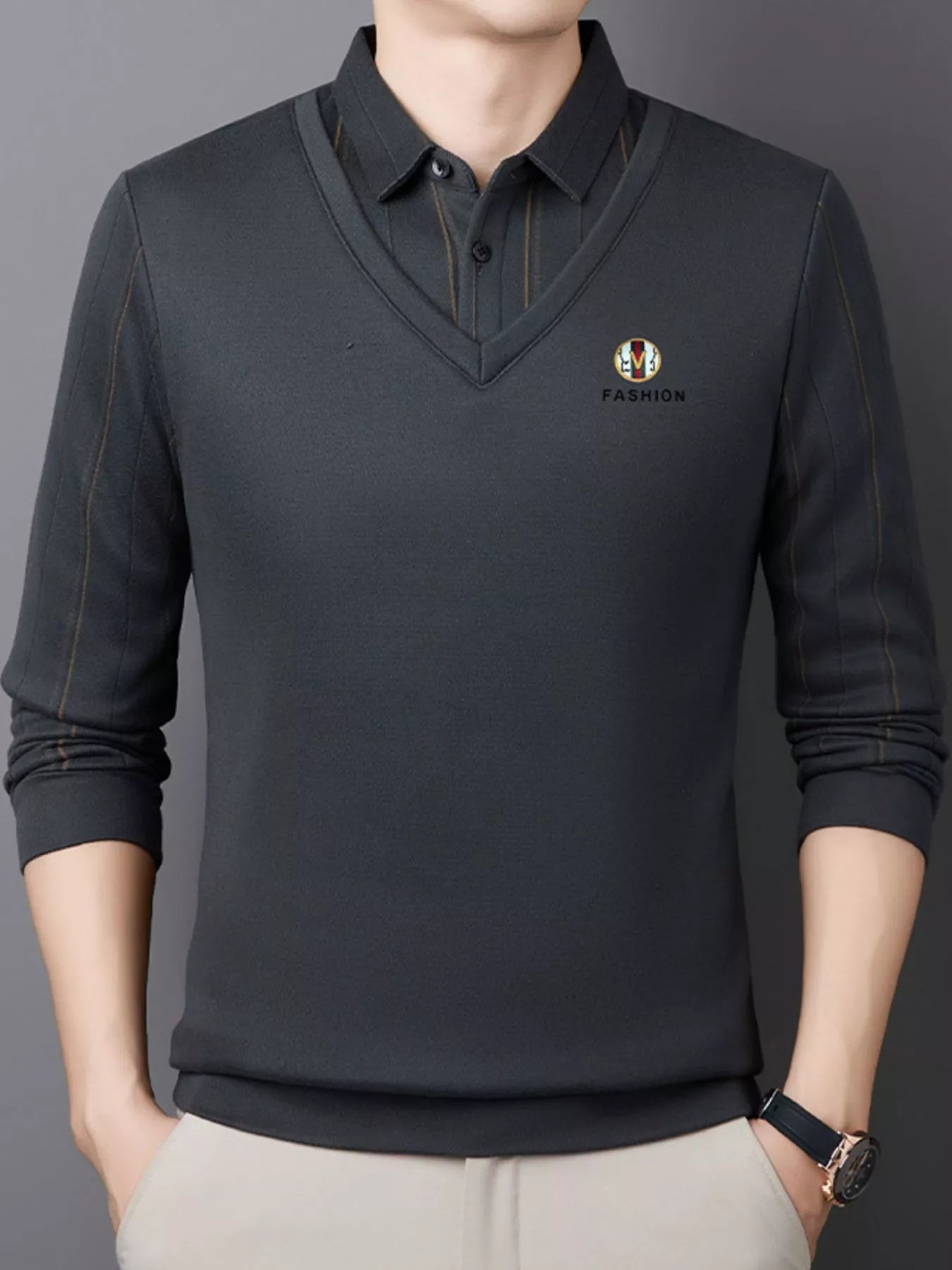 Men's Plus Size Layered Style Long Sleeve Polo - PBNJ FASHIONS