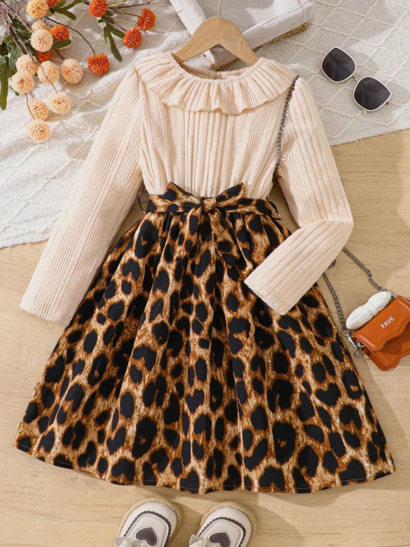 Children's Leopard Print Ruffle Collar Long Sleeve Dress - PBNJ FASHIONS