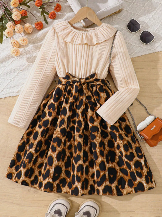 Children's Leopard Print Ruffle Collar Long Sleeve Dress - PBNJ FASHIONS