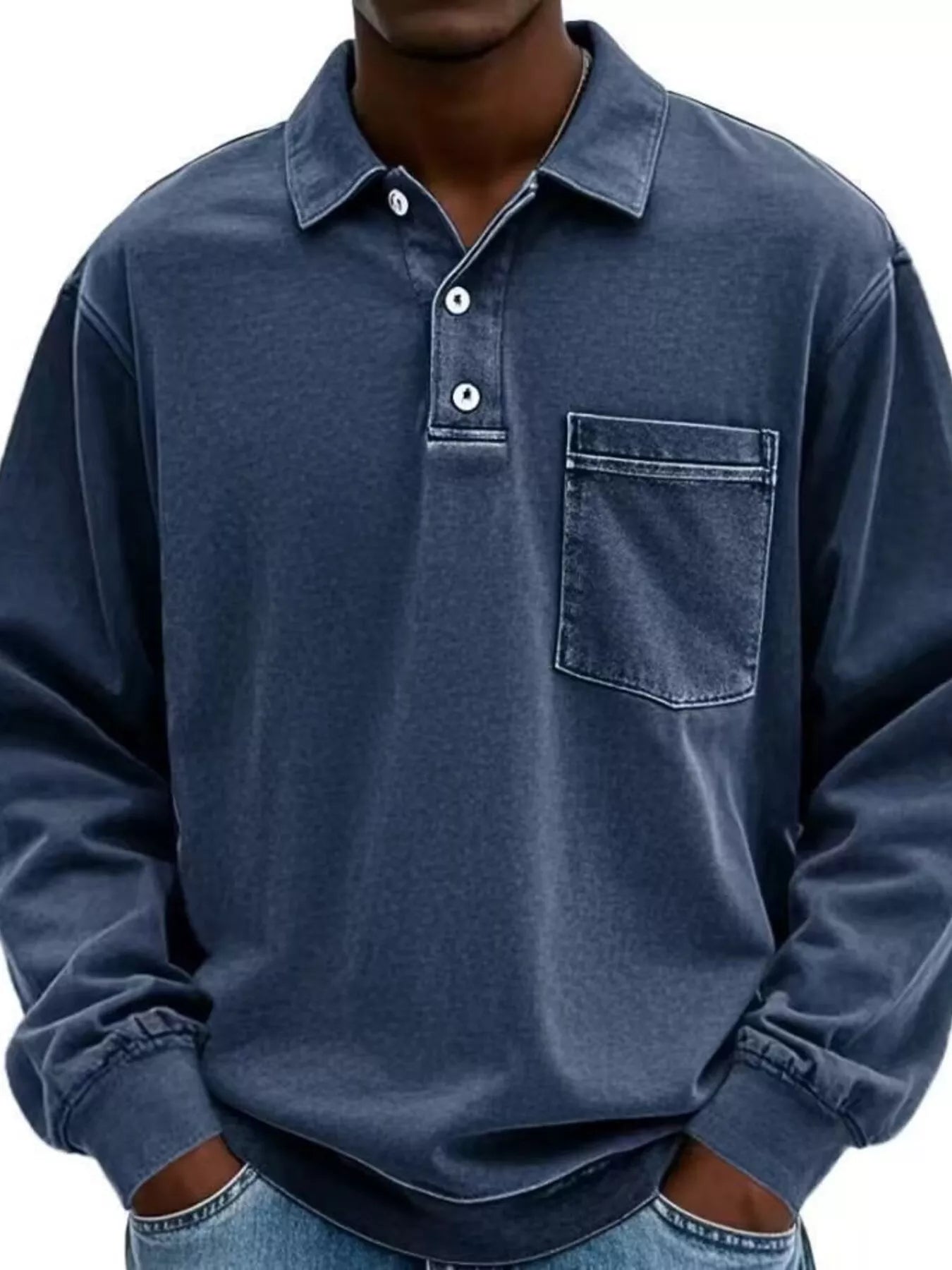 Men's Full Size Vintage Button Detail Long Sleeve Polo Plus Size - PBNJ FASHIONS