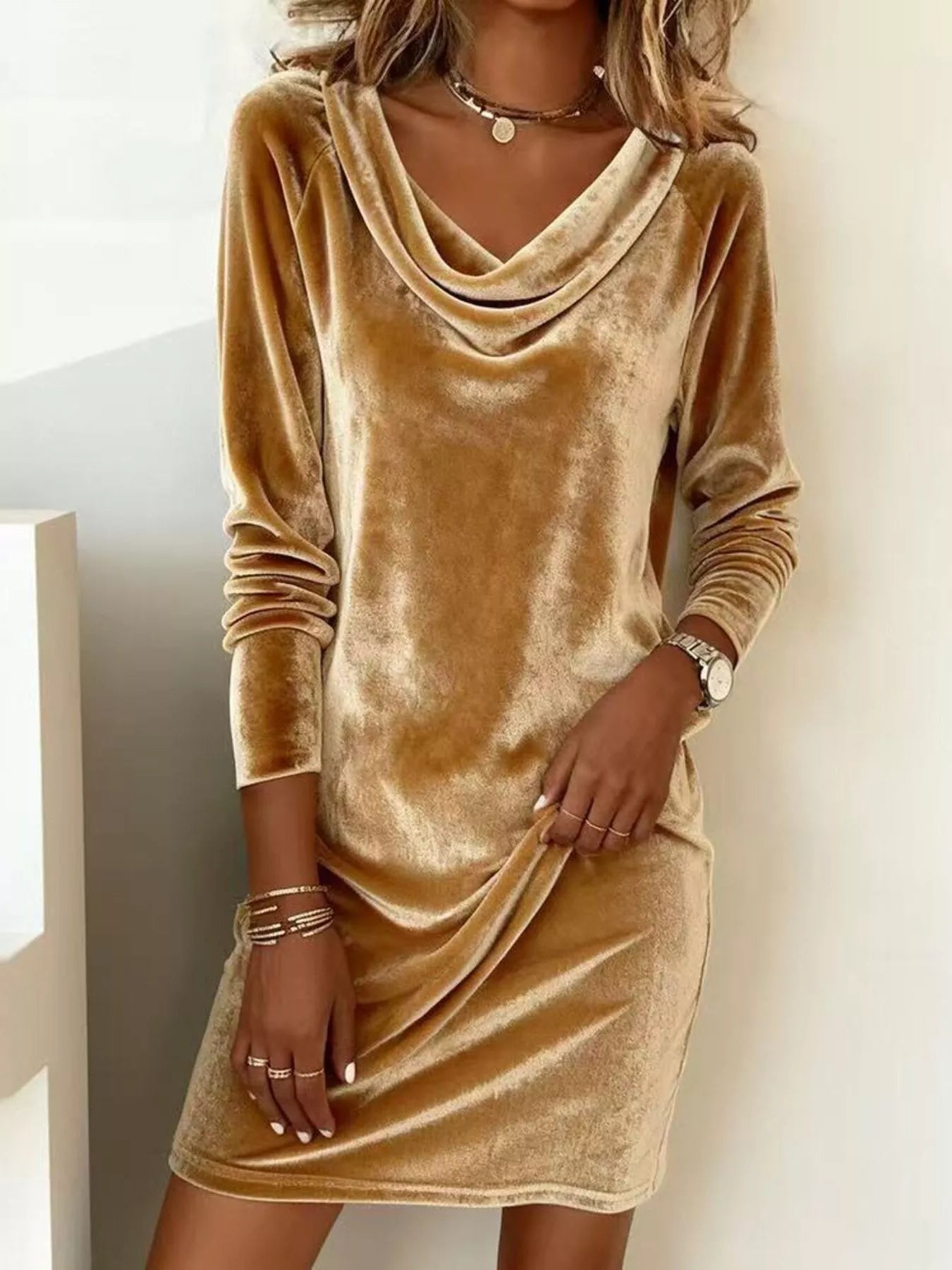 Velvet Cowl Neck Long Sleeve Mini Dress - PBNJ FASHIONS
