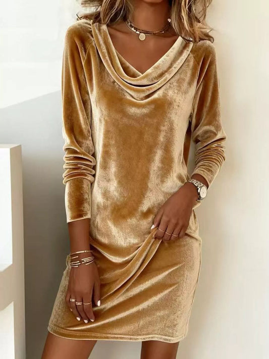 Velvet Cowl Neck Long Sleeve Mini Dress - PBNJ FASHIONS