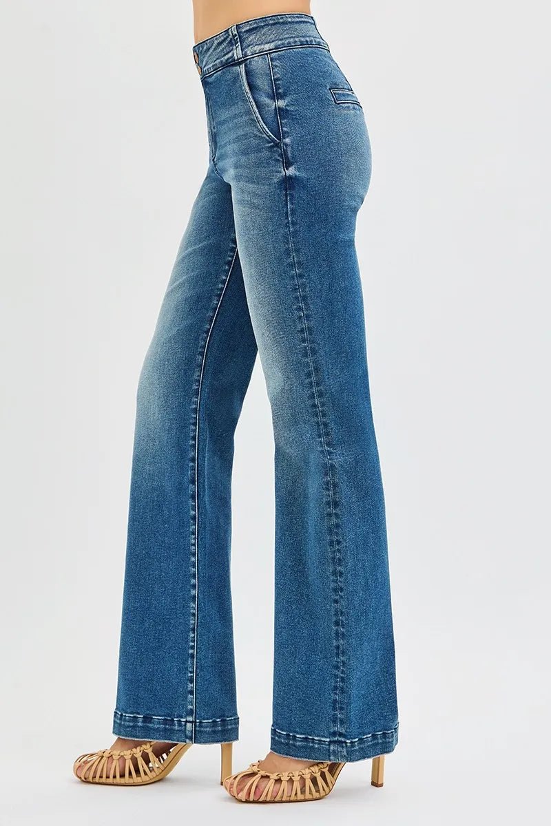 RISEN Full Size Tummy Control High Rise Bootcut Jeans with Double Button Waistband Plus Size - PBNJ FASHIONS