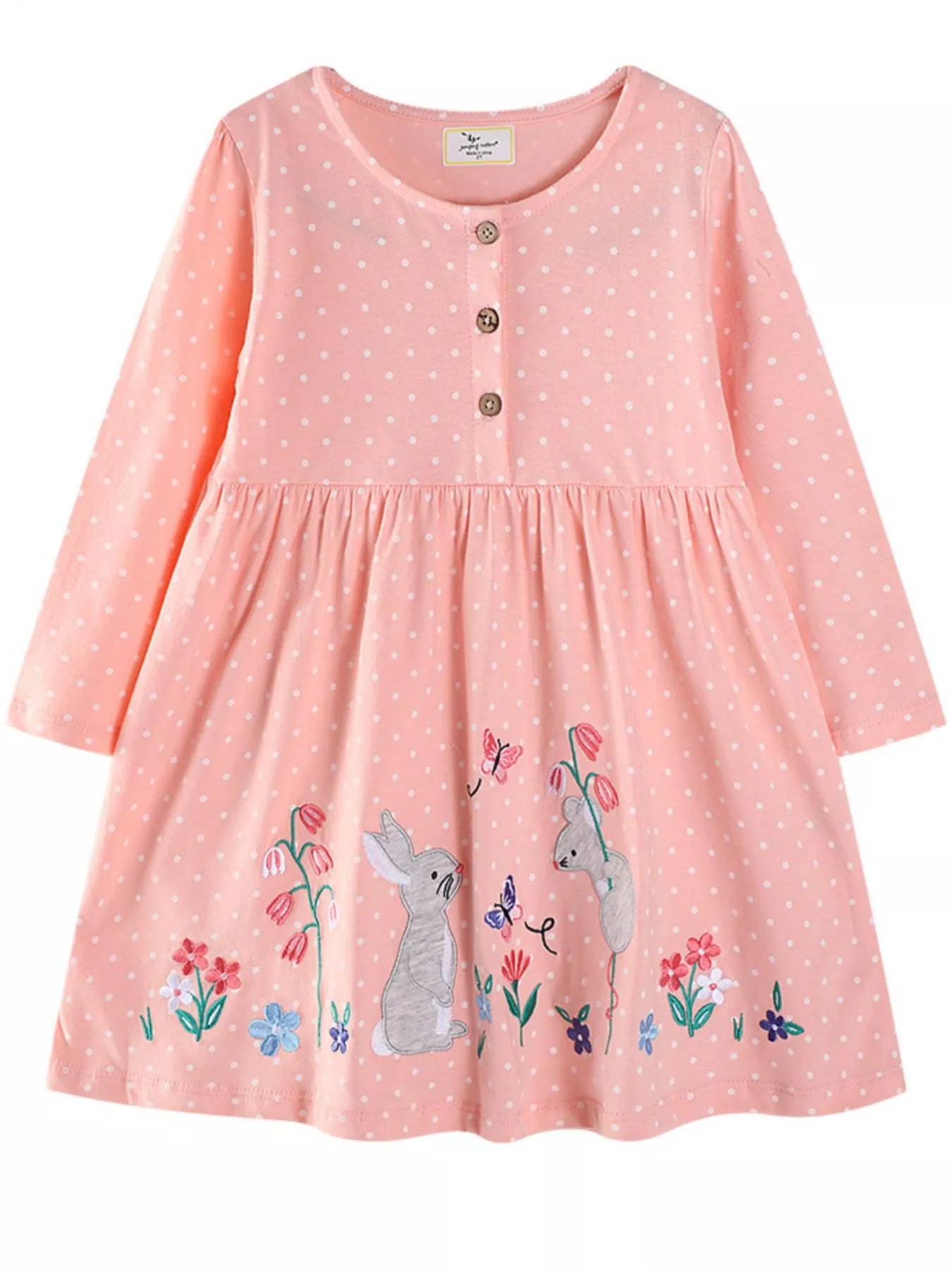 Children's Cute Animal Embroidered Polka Dot Long Sleeve Dress - PBNJ FASHIONS