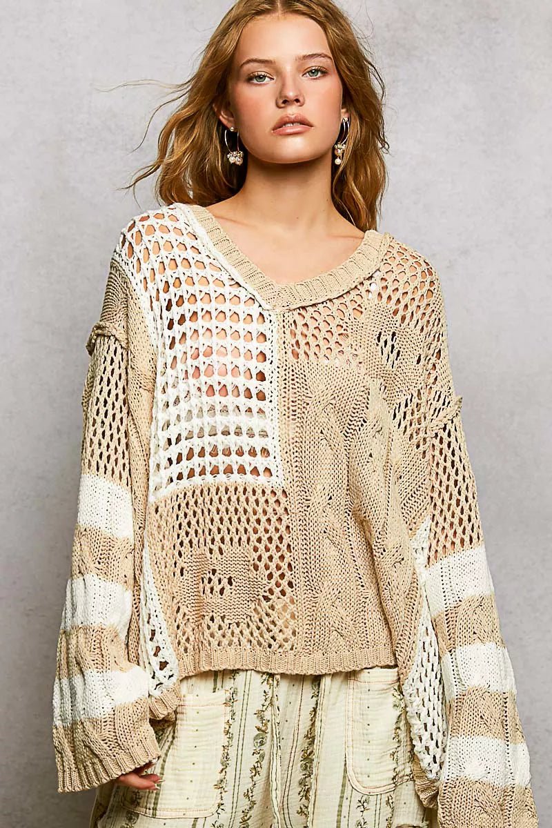 POL Color - Blocked Stripe Pattern Knit Top with Twisted Weave - PBNJ FASHIONS