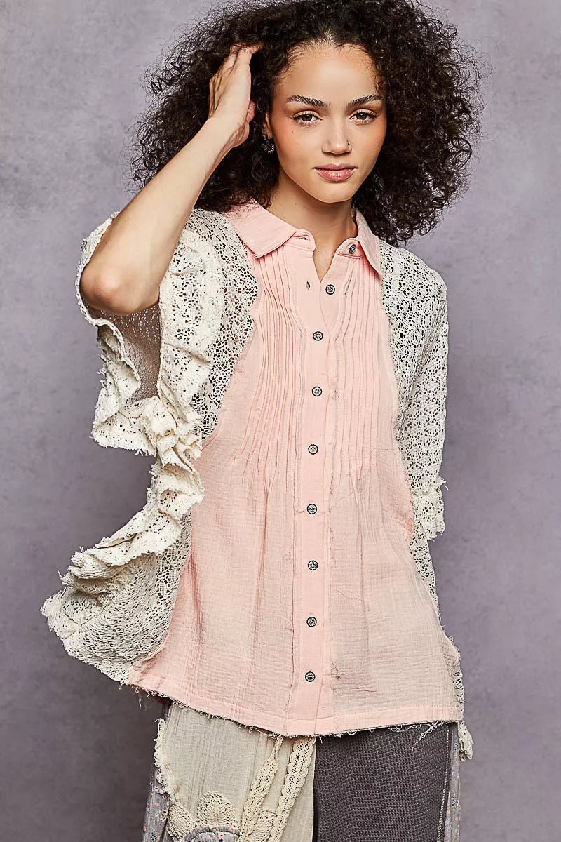 POL Button Down Front Pleated Shirt with Crochet Patch - PBNJ FASHIONS