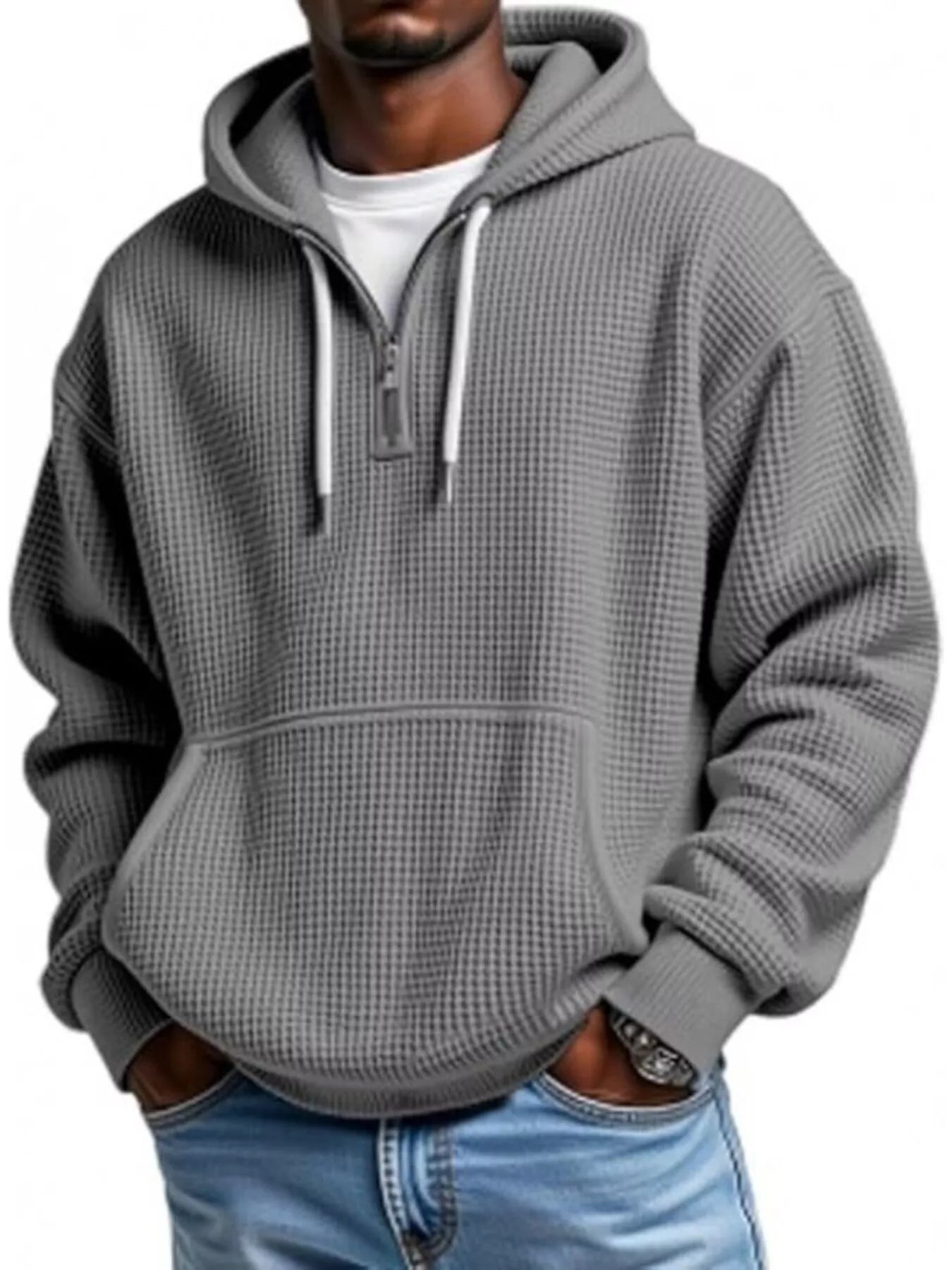 Men's Full Size Waffle Knit Quarter Zip Hoodie Plus Size - PBNJ FASHIONS