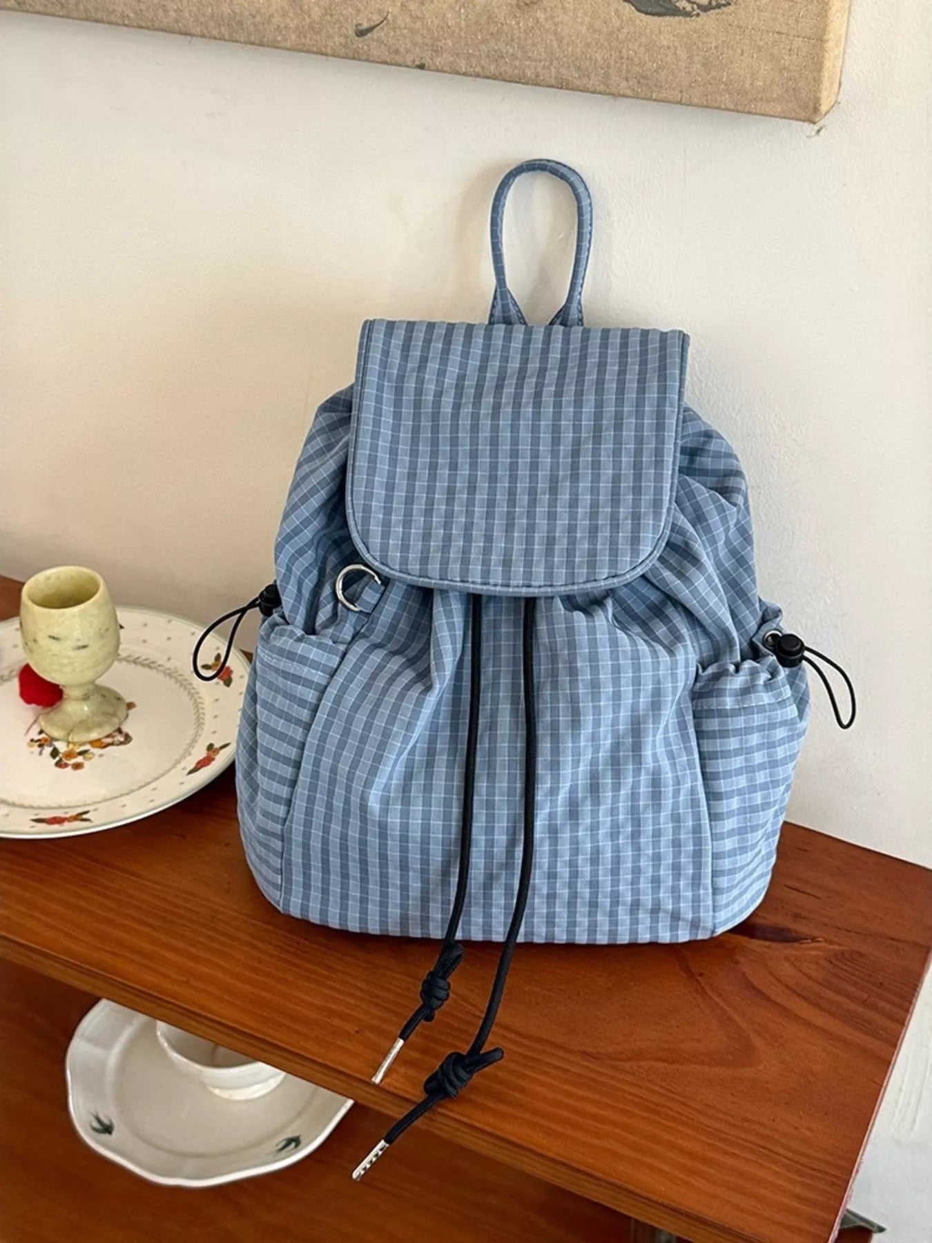 Plaid Drawstring Closure Backpack Bag - PBNJ FASHIONS