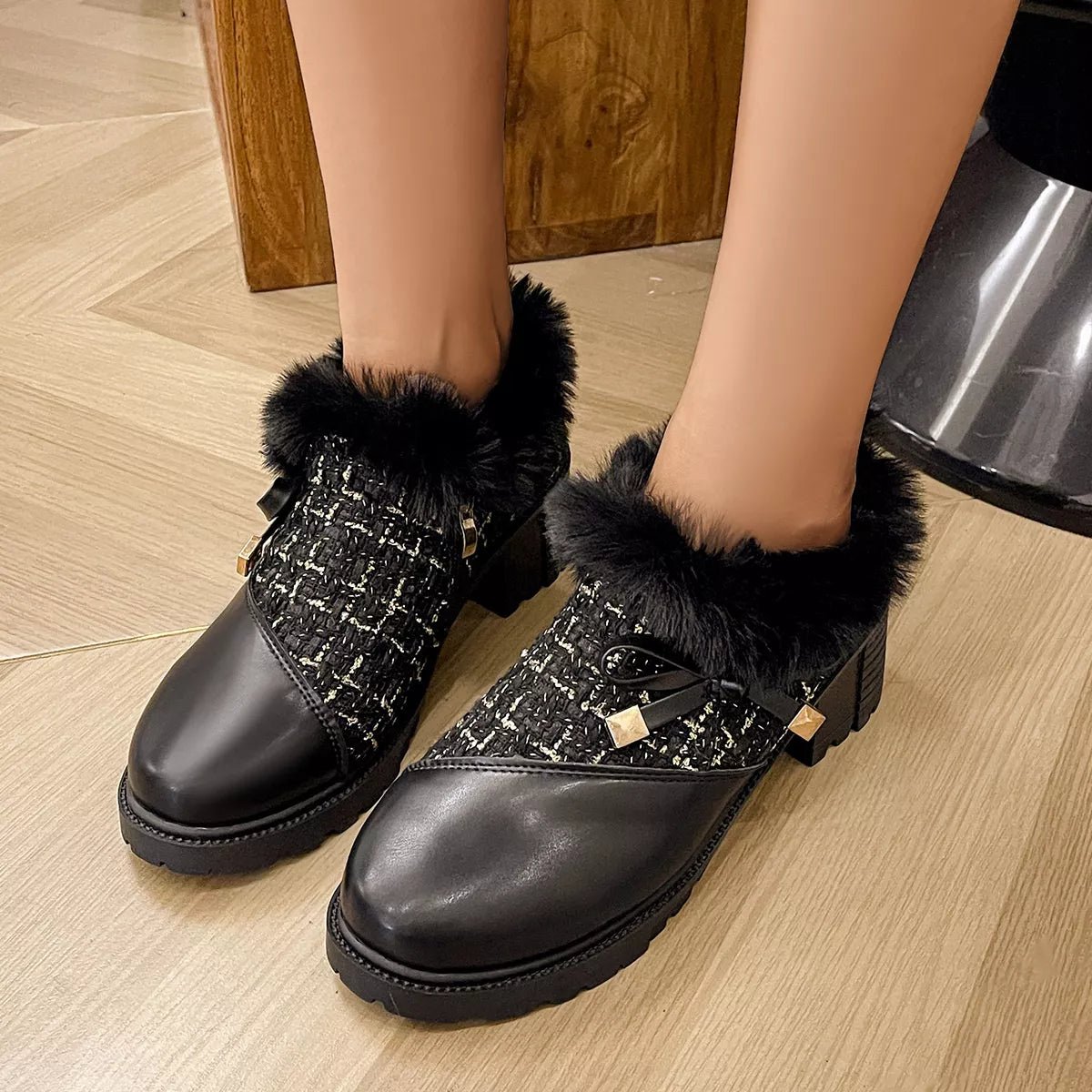 Round Toe Block Heel Boots - Mid Heels, PU Leather & Fluff Material - Size 36-42 (US5-US10.5) - Black Hairy Mouth