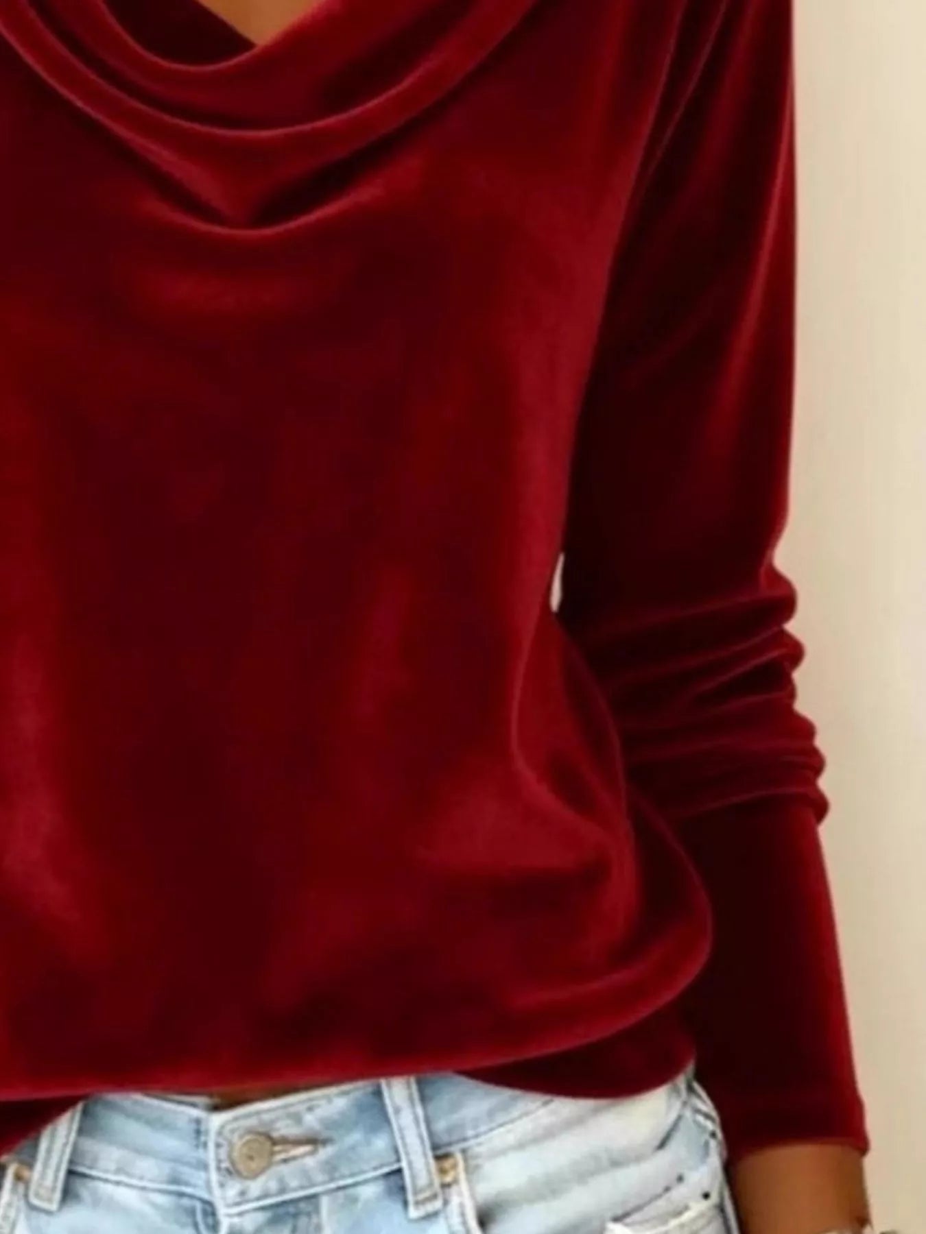 Velvet Cowl Neck Long Sleeve T-Shirt - PBNJ FASHIONS
