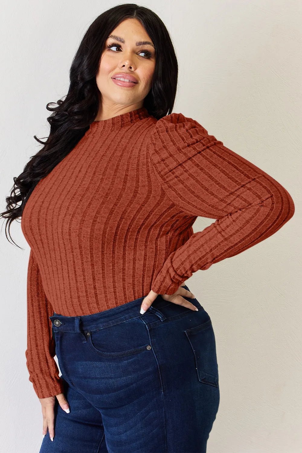 Basic Bae Full Size Ribbed Mock Neck Puff Sleeve T-Shirt - PBNJ FASHIONS