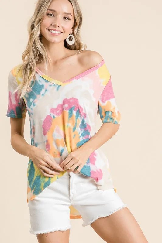 BiBi Circular Tie Dye Print V Neck Top - PBNJ FASHIONS