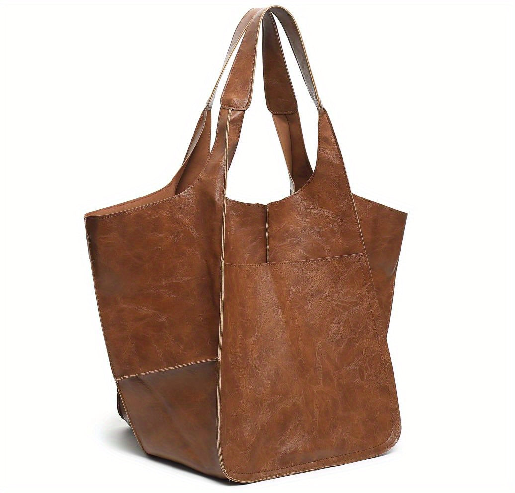 Large Capacity Retro PU Tote Bag For Women - Spacious & Stylish Handbag With Handy Front Pocket For Work, Travel & Everyday Chic