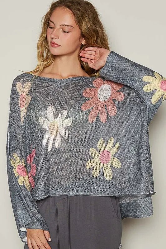 POL Flower Dropped Shoulder Long Sleeve Knit Top - PBNJ FASHIONS