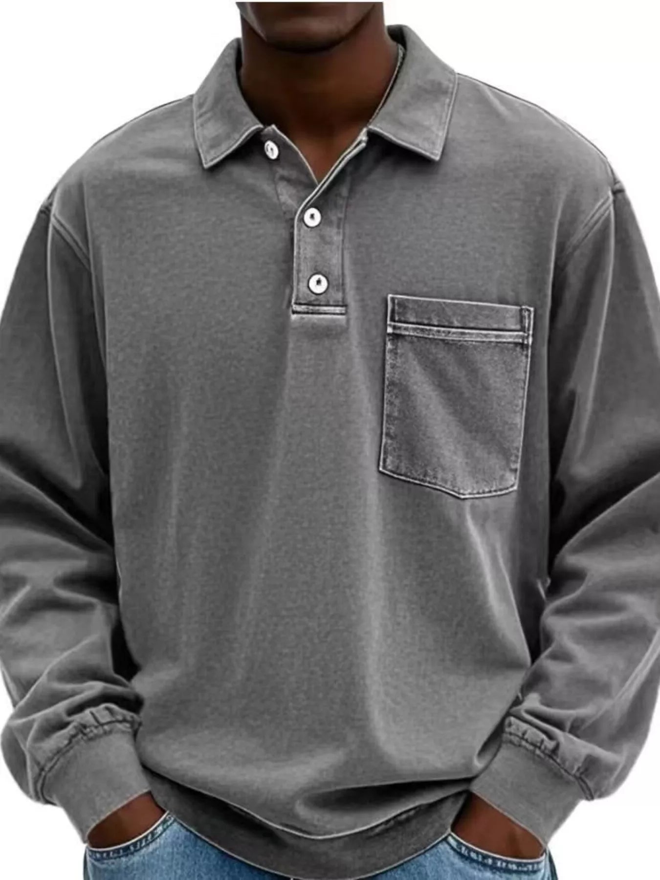 Men's Full Size Vintage Button Detail Long Sleeve Polo Plus Size - PBNJ FASHIONS