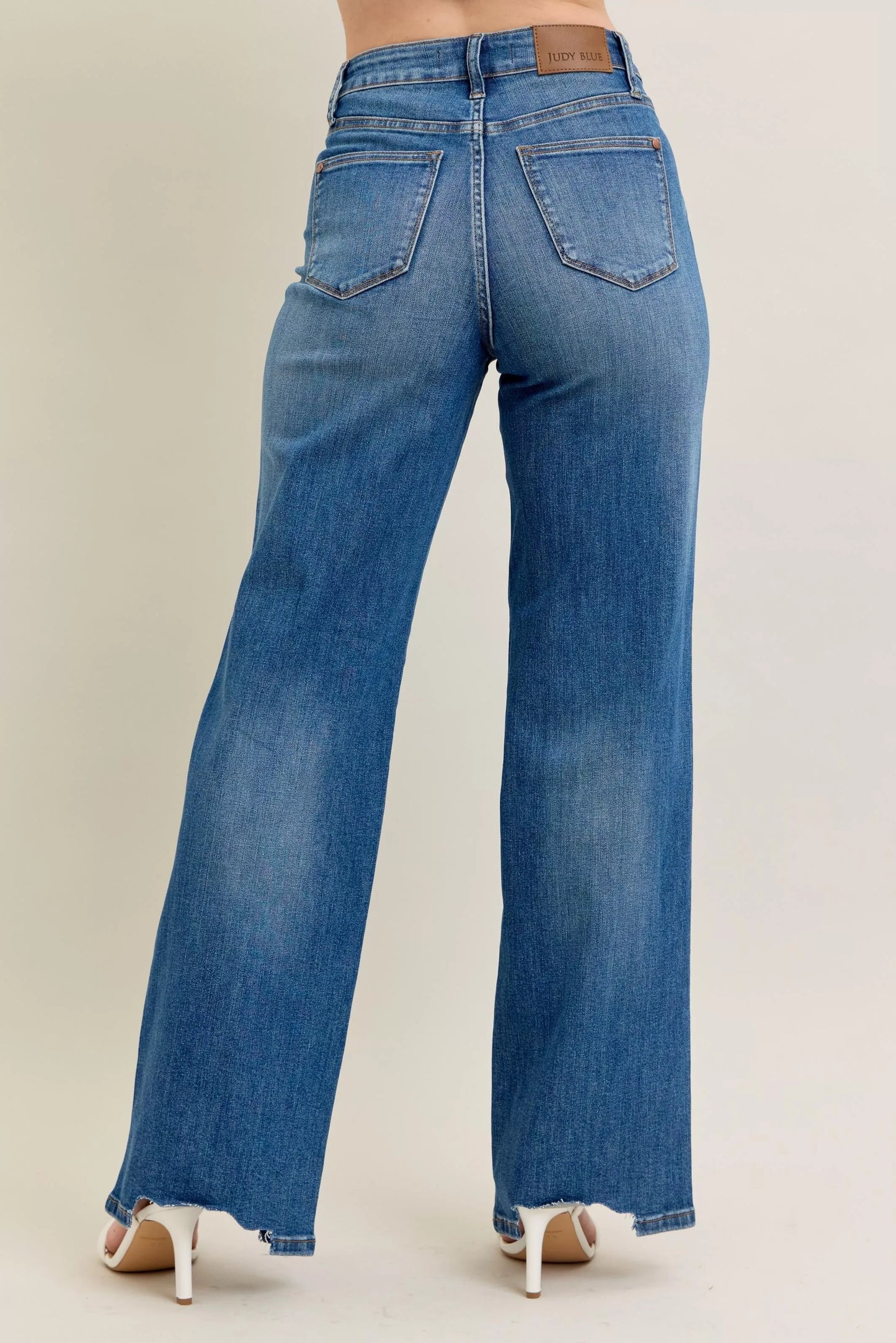 Judy Blue Full Size High Waist Tummy Control Chew Hem Destroy Wide Jeans Plus Size - PBNJ FASHIONS