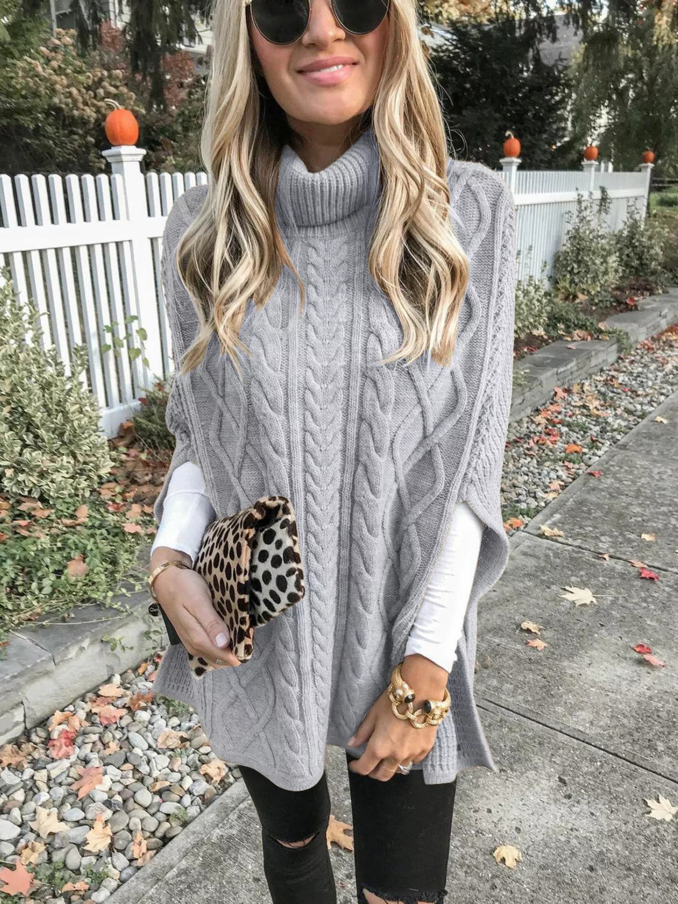 Chunky Cable Knit Turtleneck Poncho Cover Up - PBNJ FASHIONS