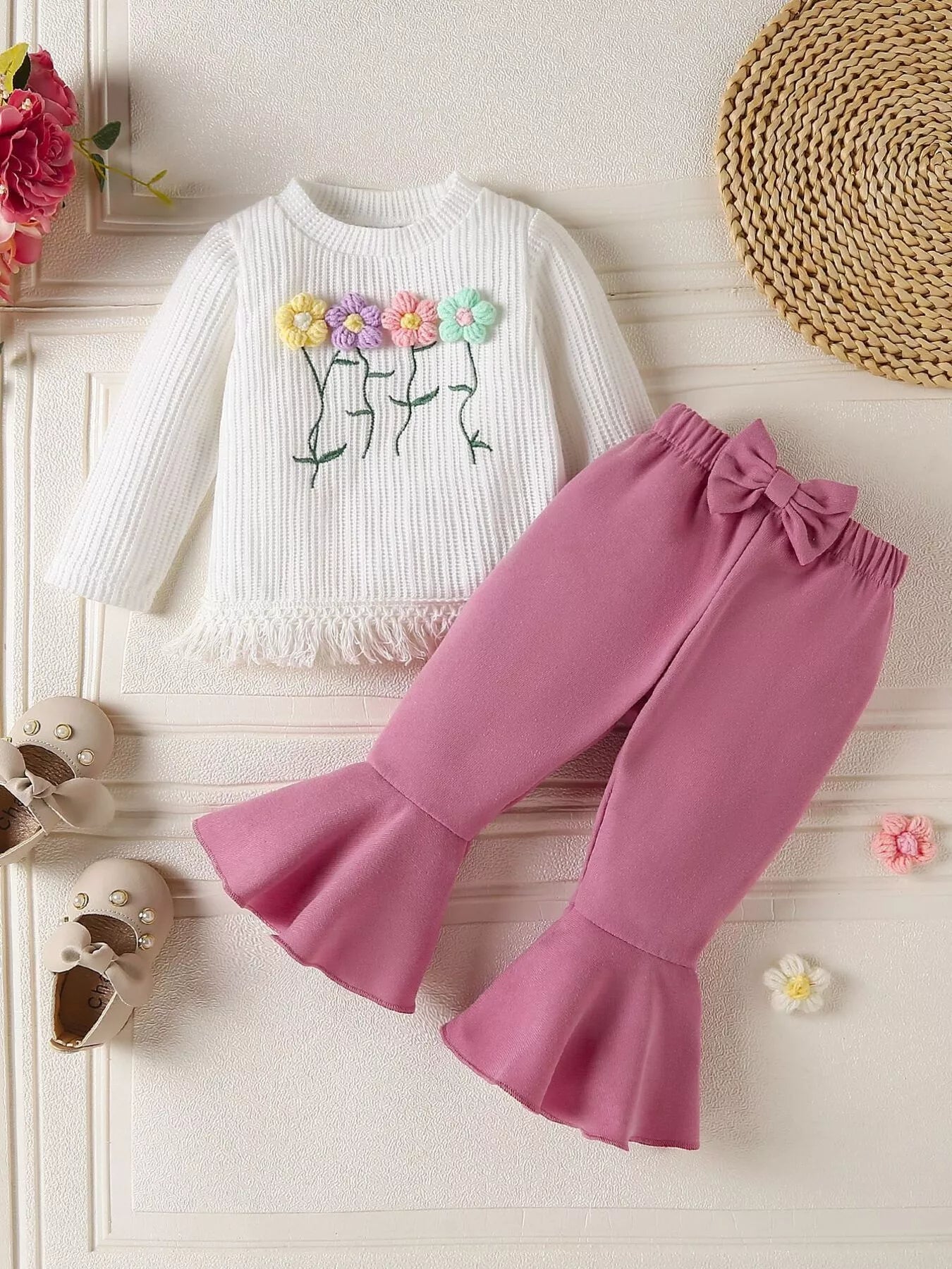 Children's Floral Applique Ribbed Top & Flare Leg Pants Set - PBNJ FASHIONS