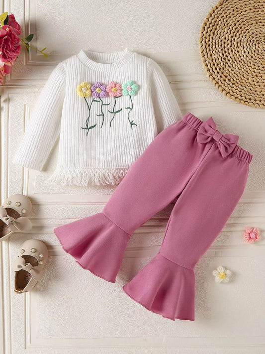 Children's Floral Applique Ribbed Top & Flare Leg Pants Set - PBNJ FASHIONS
