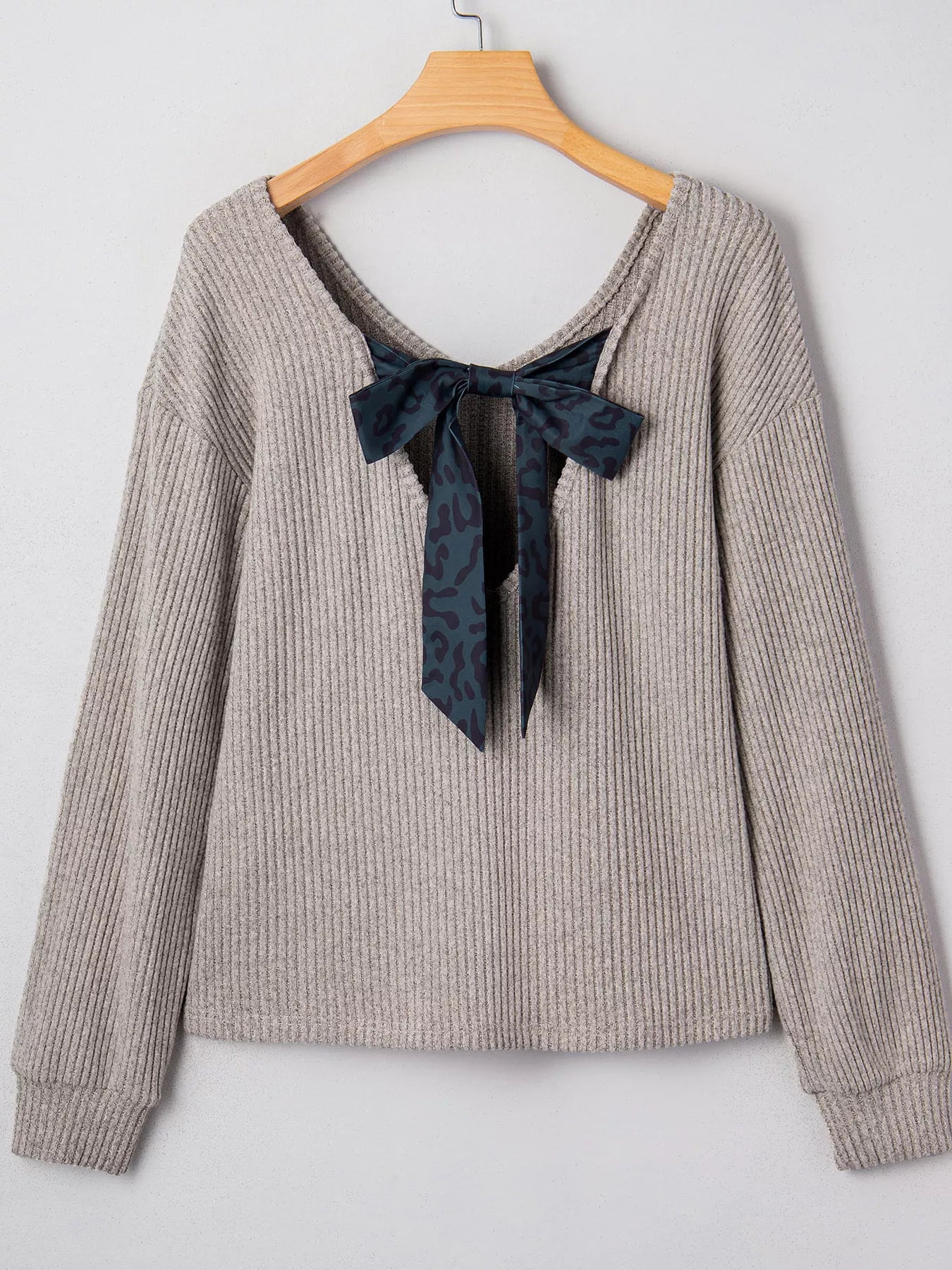 Ribbed V Neck Contrast Ribbon Bow Back Drop Shoulder Long Sleeve Top - PBNJ FASHIONS