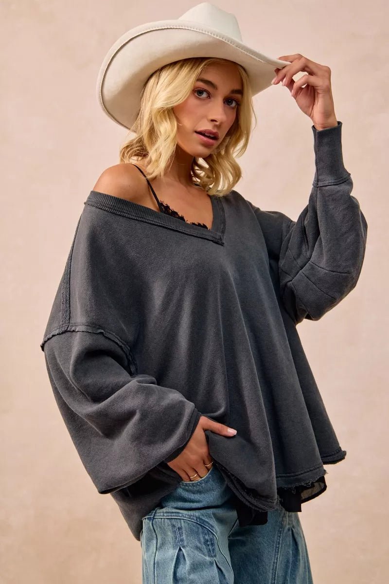 BiBi Mineral Washed French Terry Oversized Sweatshirt - PBNJ FASHIONS