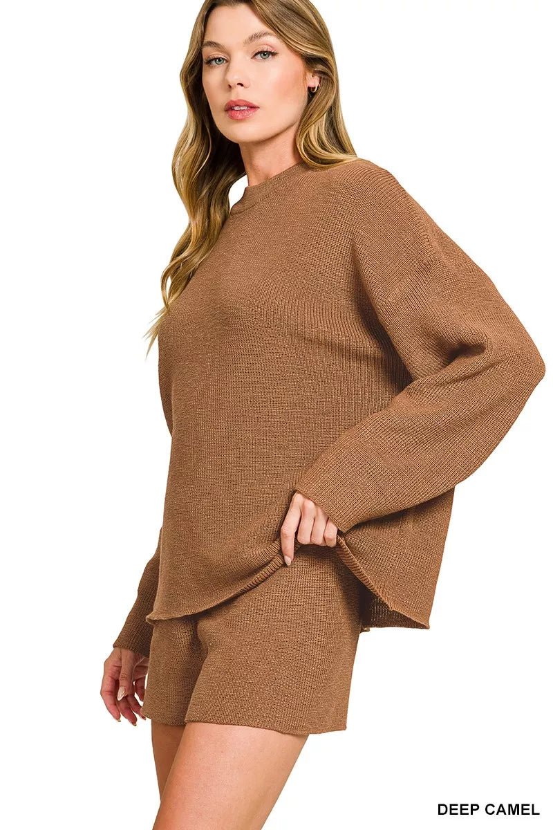 Zenana Round Neck Knit Top and Shorts Sweater Set - PBNJ FASHIONS