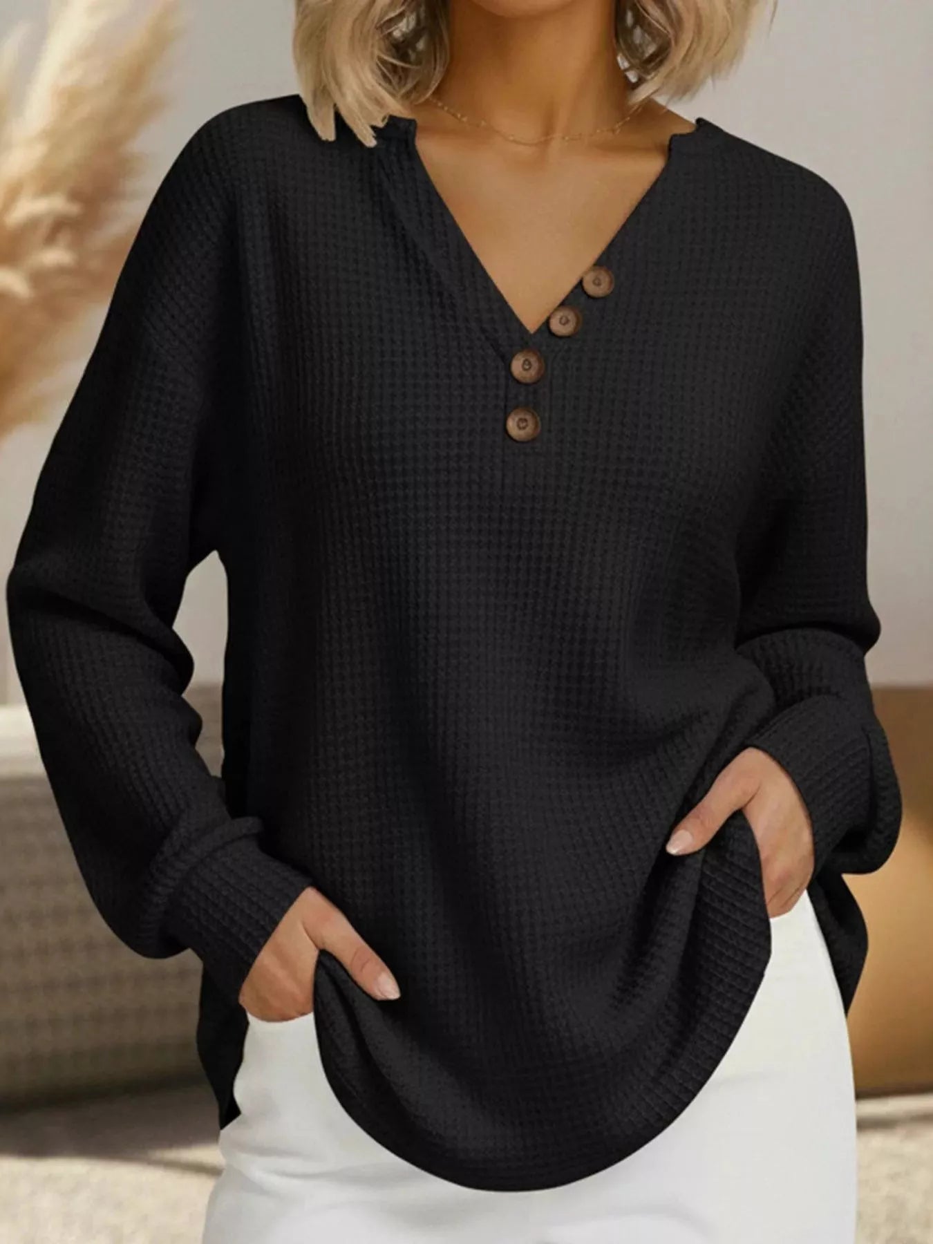 Full Size Casual Waffle Knit Long Sleeve T-Shirt Plus Size - PBNJ FASHIONS