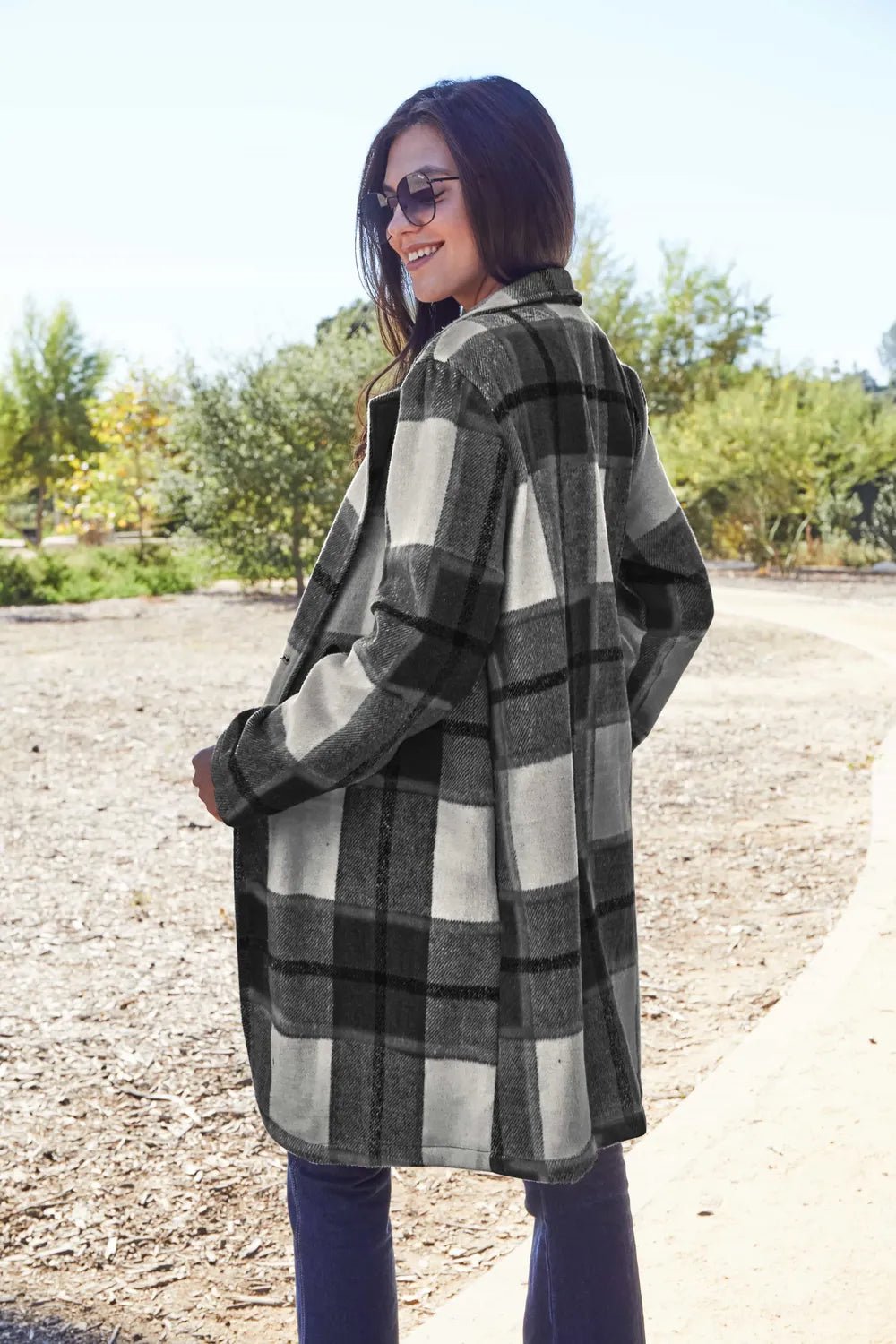 Double Take Full Size Plaid Button Up Lapel Collar Coat - PBNJ FASHIONS