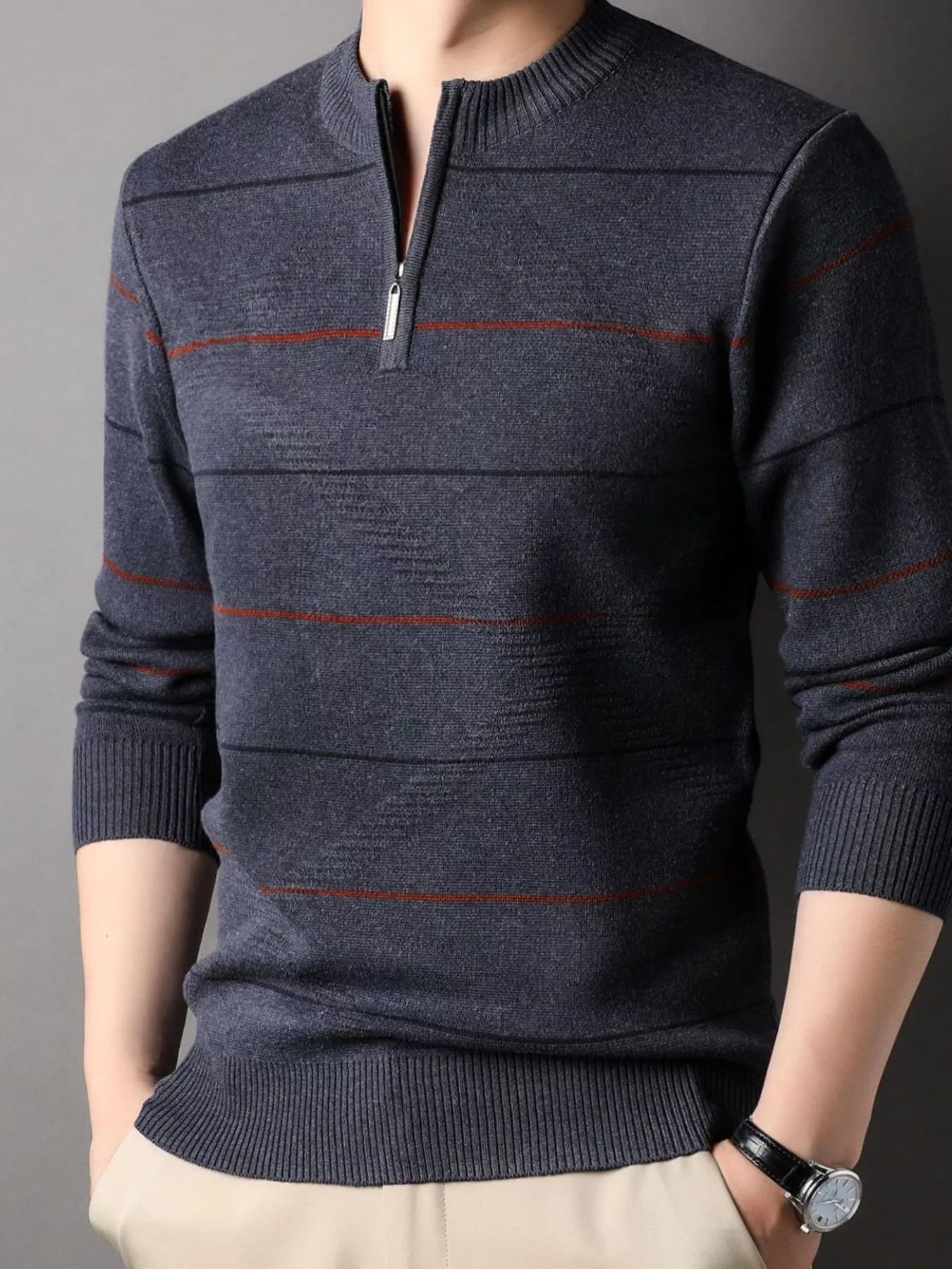Men's Plus Size Striped Quarter Zip Knit Pullover - PBNJ FASHIONS
