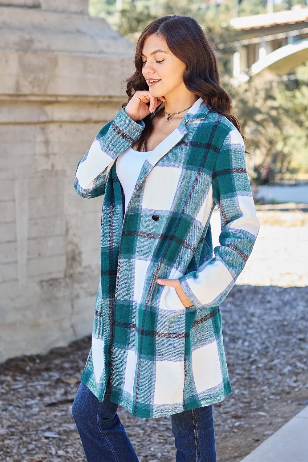 Double Take Full Size Plaid Button Up Lapel Collar Coat - PBNJ FASHIONS