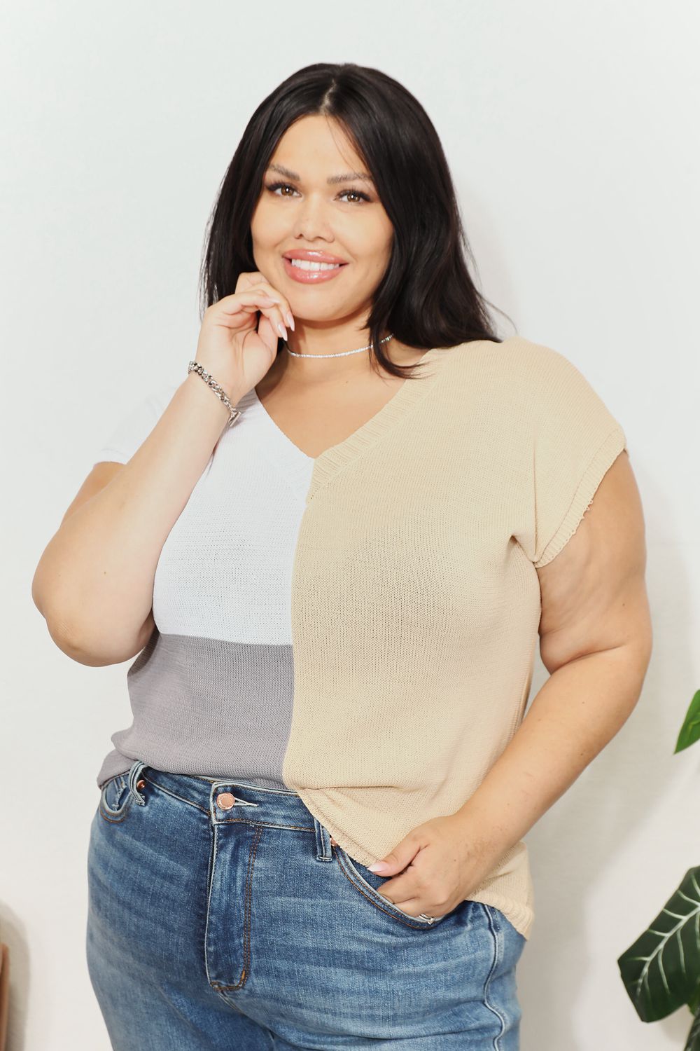 Color Block V - Neck Knit Top - PBNJ FASHIONS