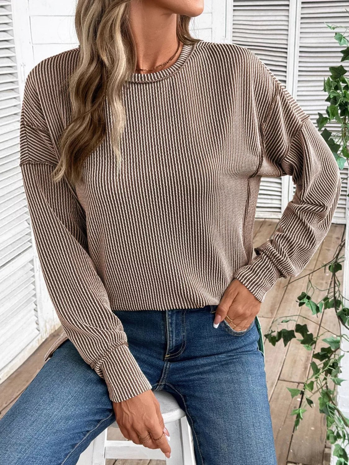 Side Slit Round Neck Sweatshirt - PBNJ FASHIONS