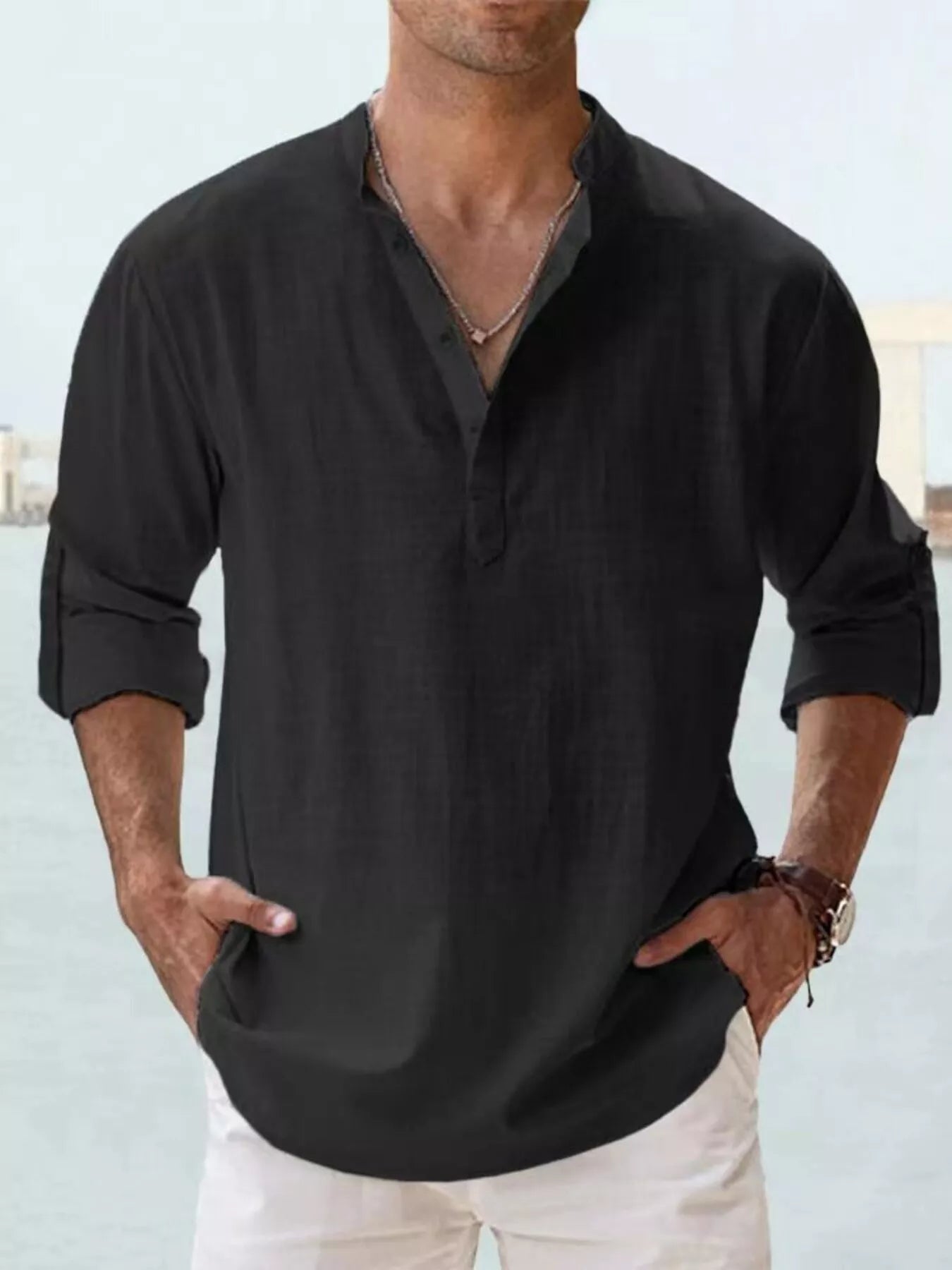 Men's Full Size Casual Button Detail Roll - Up Sleeve Blouse Plus Size - PBNJ FASHIONS