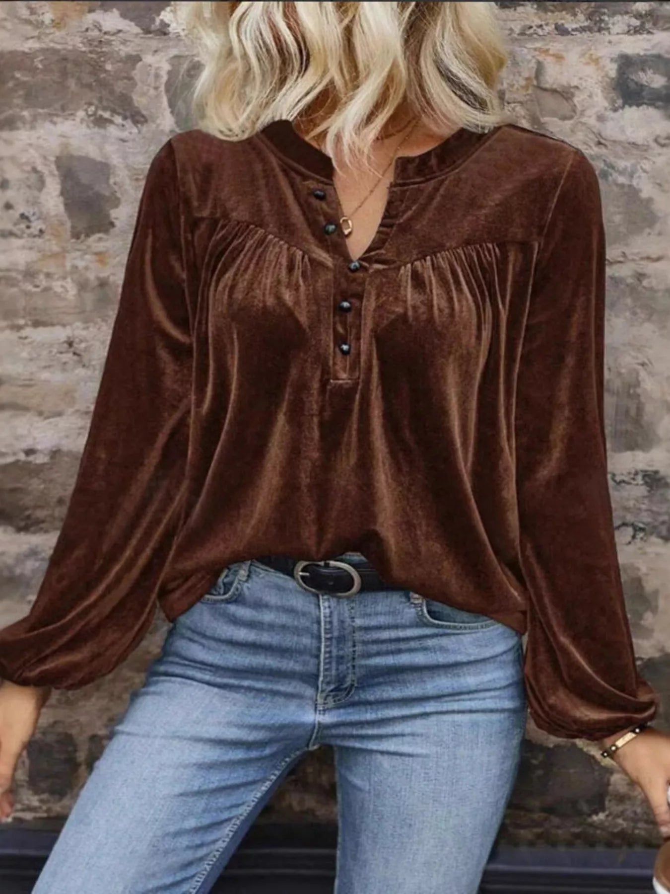 Velvet Notched Long Sleeve Blouse - PBNJ FASHIONS