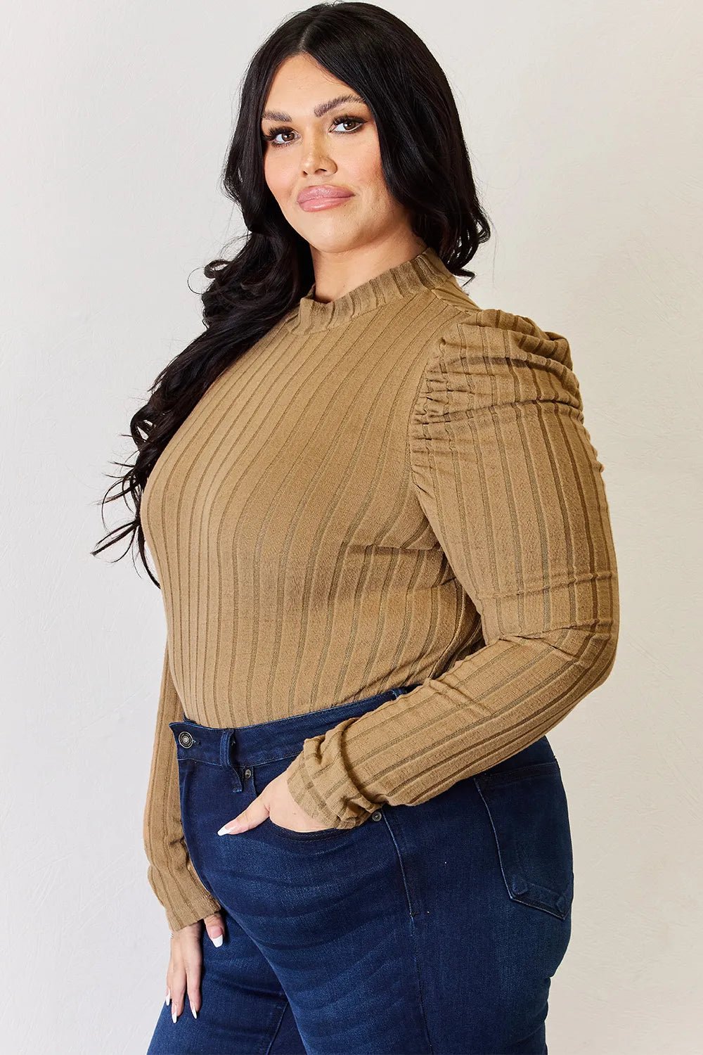 Basic Bae Full Size Ribbed Mock Neck Puff Sleeve T-Shirt - PBNJ FASHIONS