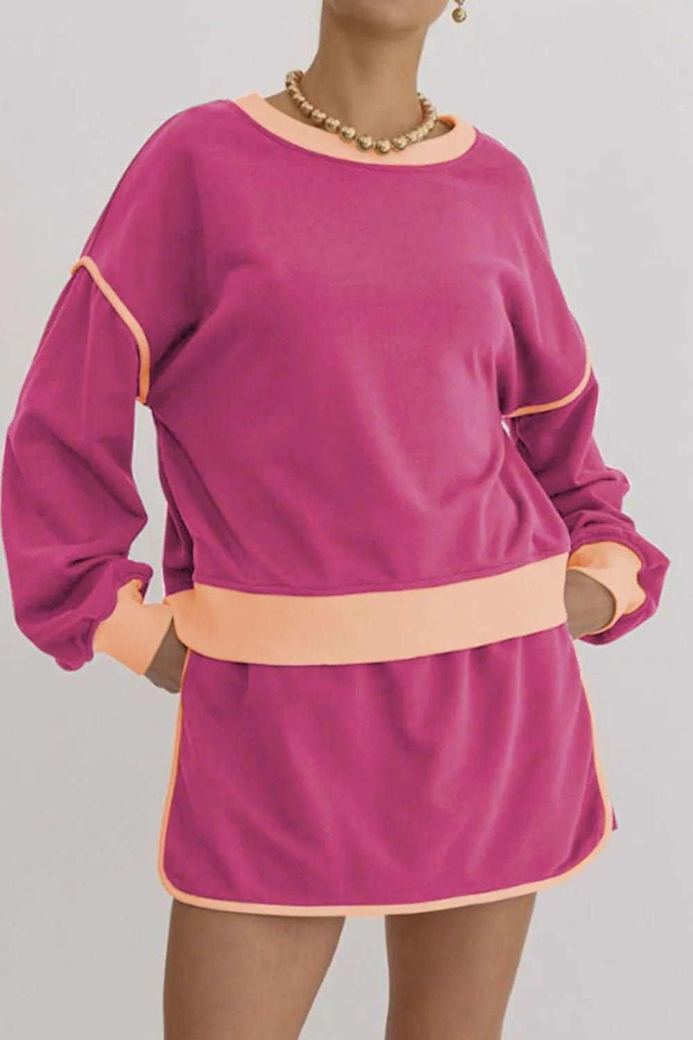 Contrast Trim Round Neck Top and Skort Set - PBNJ FASHIONS