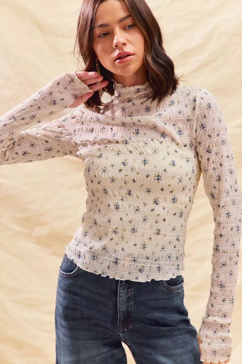 SO ME Floral Print Textured Long Sleeve Knit Top - PBNJ FASHIONS