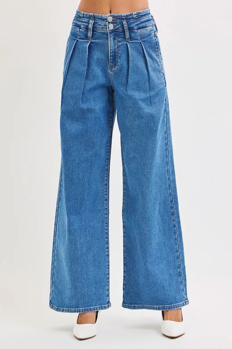 RISEN Full Size Mid Rise Fit Wide Leg with Pleated Detail Jeans Plus Size - PBNJ FASHIONS