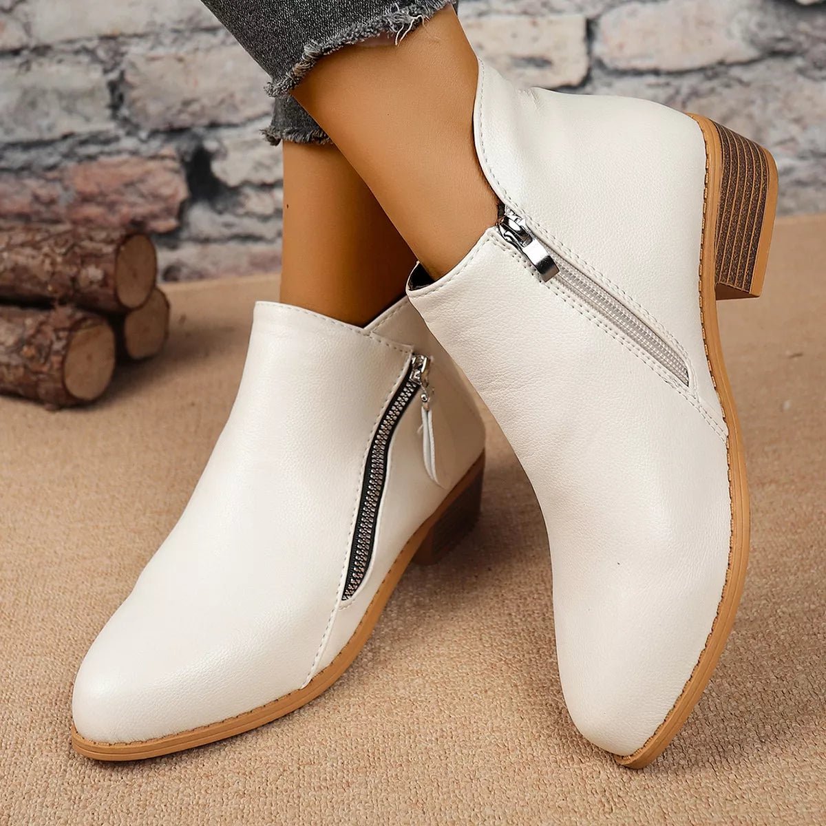 Chic Zip-Up Ankle Boots: Comfortable and Stylish with Block Heels for Effortless Fashion Statements - White-36