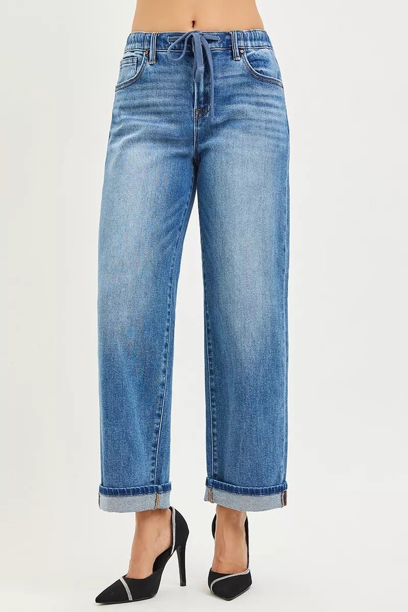 RISEN Elastic Band Slouch Ankle Boyfriend Cuffed Hem Jeans - PBNJ FASHIONS