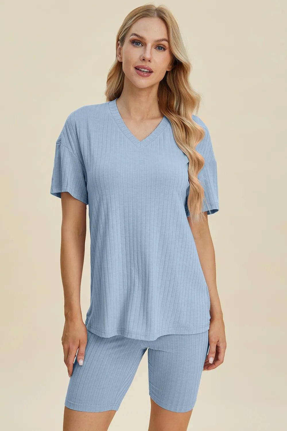 Basic Bae Full Size Ribbed V - Neck Short Sleeve Top and Shorts Set - PBNJ FASHIONS