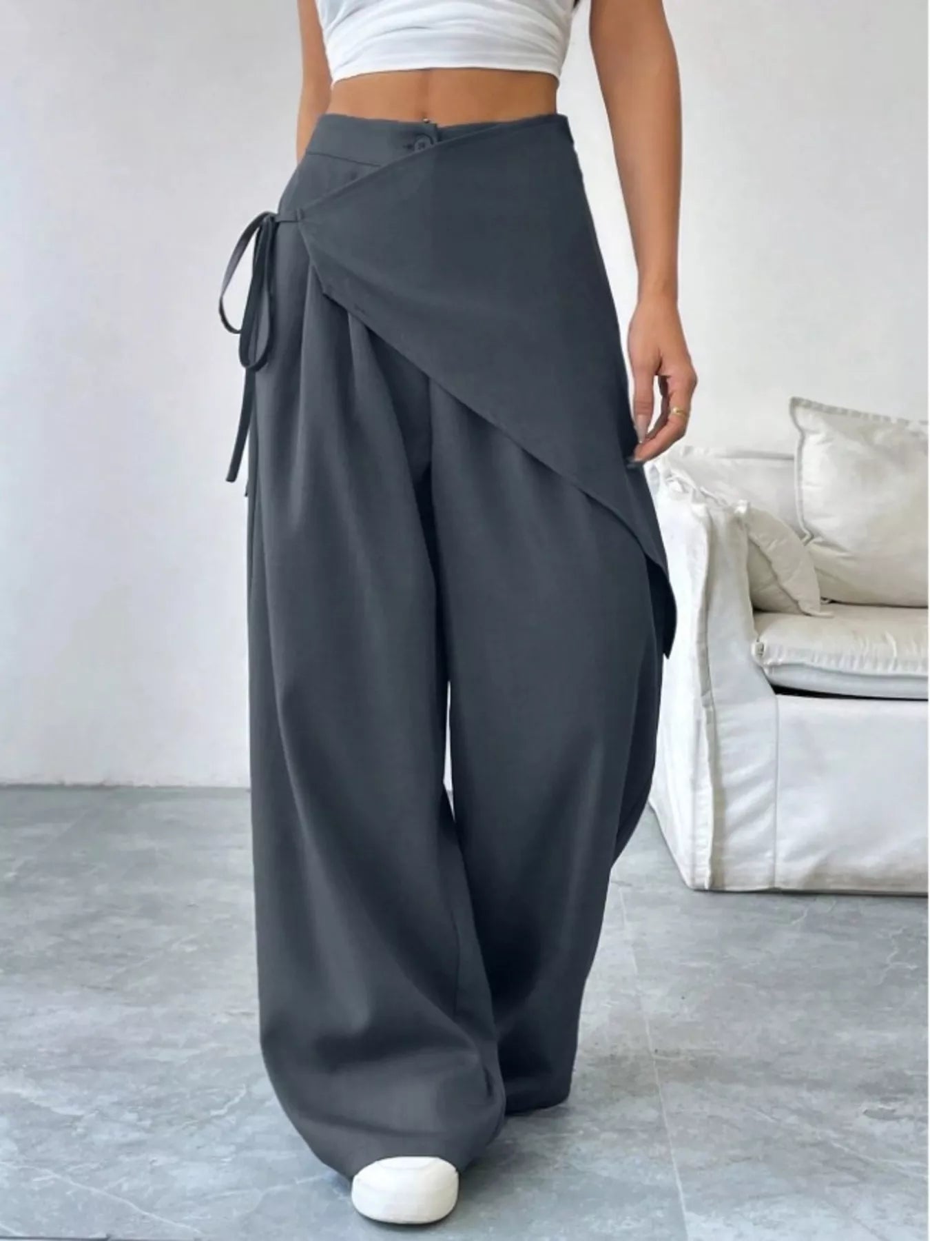 Chic Wrap Front Wide-Leg Wrap Pants - Dark Gray-S- - PBNJ FASHIONS