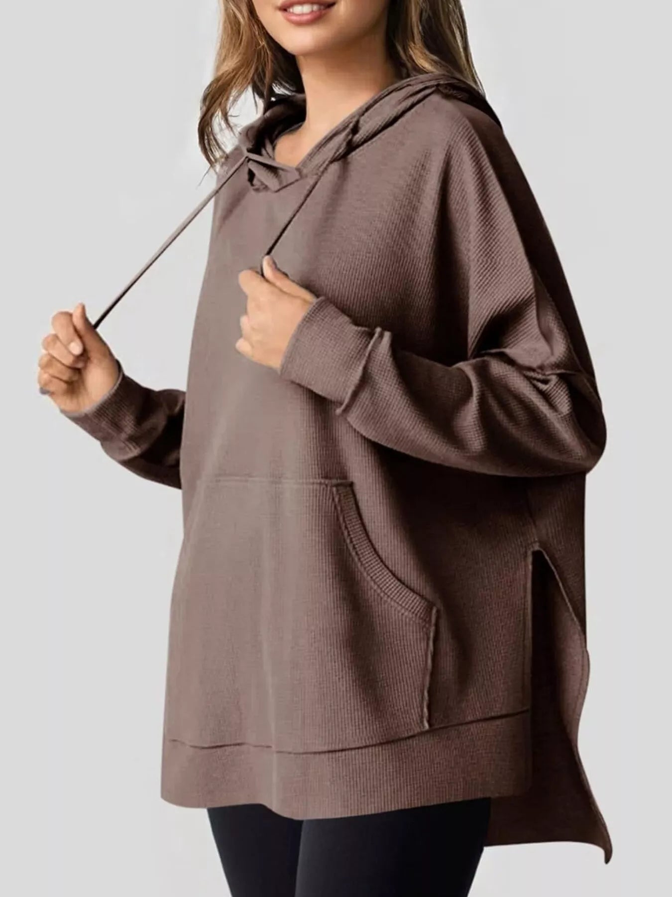 Oversized Drawstring Side Slit Hoodie - PBNJ FASHIONS