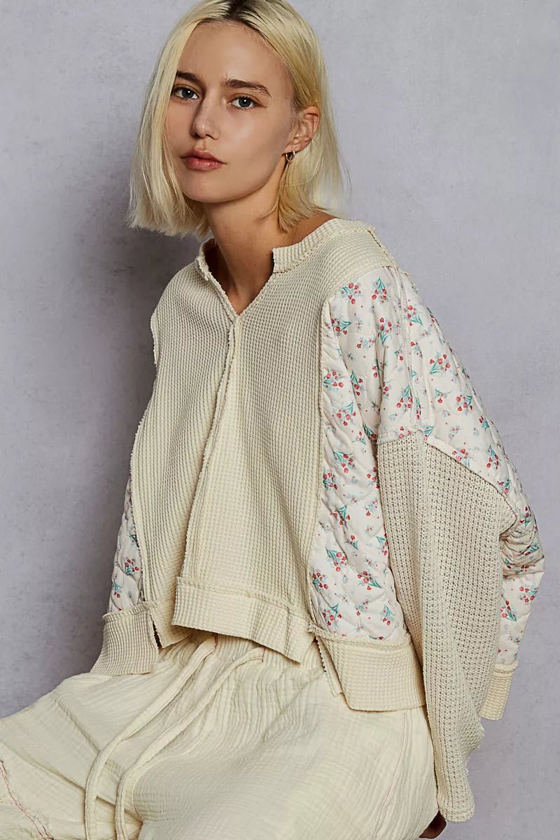 POL Mix Thermal Floral Pattern Quilted Knit Cropped Top with Raw Edge Detail - PBNJ FASHIONS